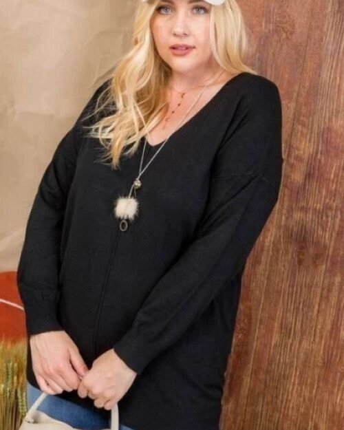 Plus Size V Neck 3/4 Sleeve Side Slit Hi-lo Sweater