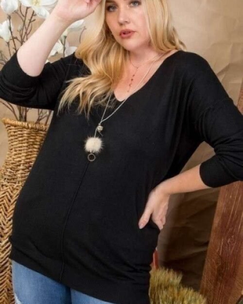 plus size v neck 3/4 sleeve side slit hi-lo sweater