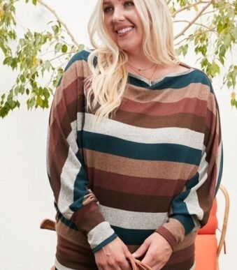 Boat Neck Long Bubble Sleeve Multi Stripe Print Knit Top