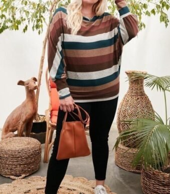 Boat Neck Long Bubble Sleeve Multi Stripe Print Knit Top