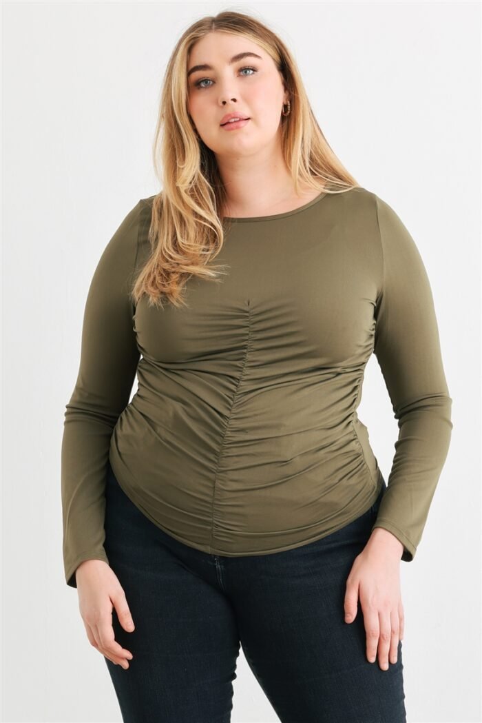 Plus olive ruched long sleeve top