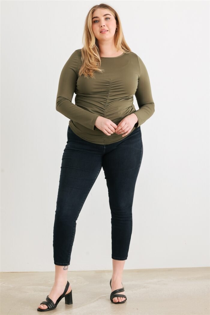 Plus olive ruched long sleeve top