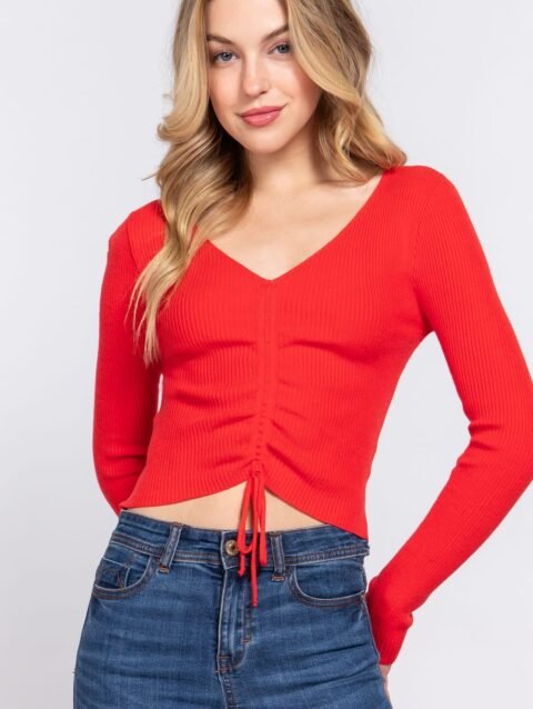 V-neck Shirring Tie Detail Sweater