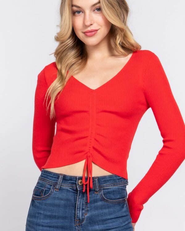 V-neck Shirring Tie Detail Sweater