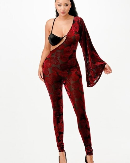 Velvet Flocking Jumpsuit/bell Sleeve