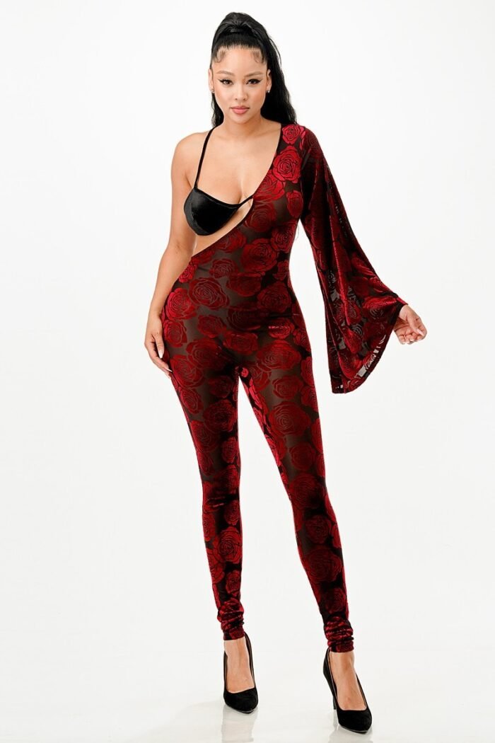 Velvet flocking jumpsuit/bell sleeve