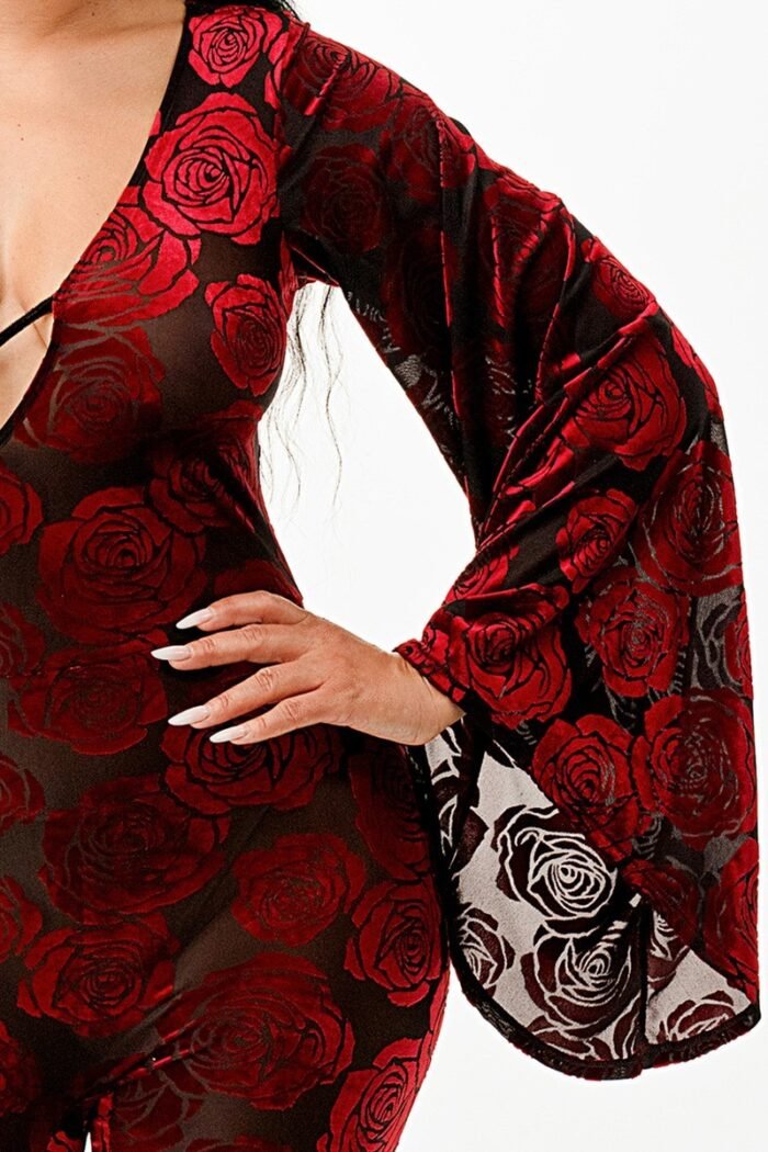 Velvet flocking jumpsuit/bell sleeve