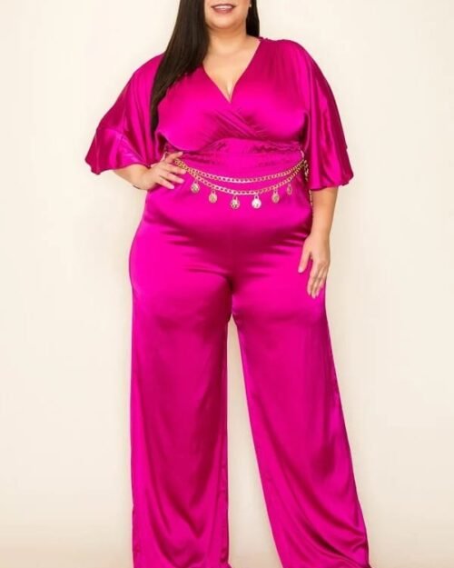 Satin Wrap Front Short Sleeve Smocked Waist Jumpsuit