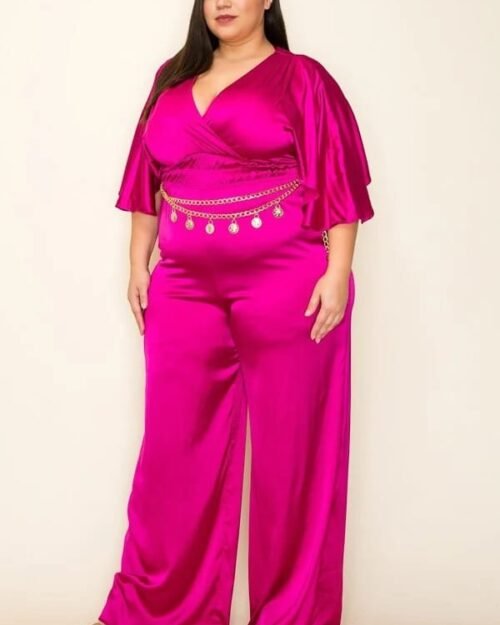 satin wrap front short sleeve smocked waist jumpsuit