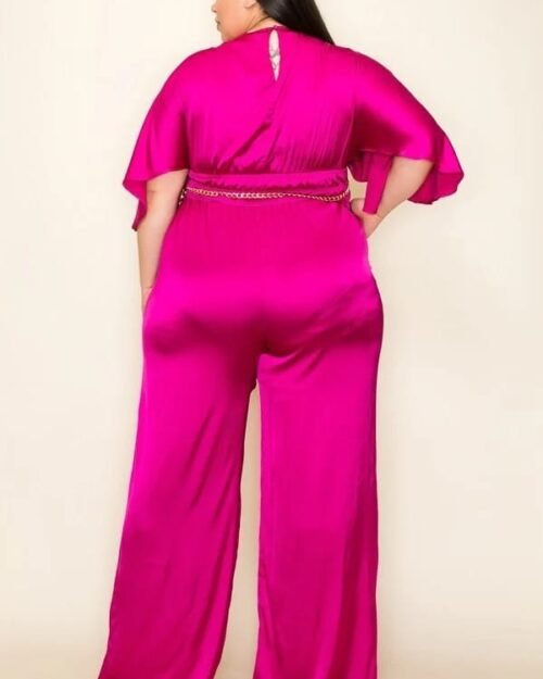 satin wrap front short sleeve smocked waist jumpsuit