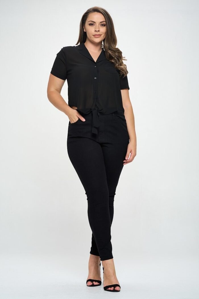 Plus solid chiffon button down tie front short sleeve top