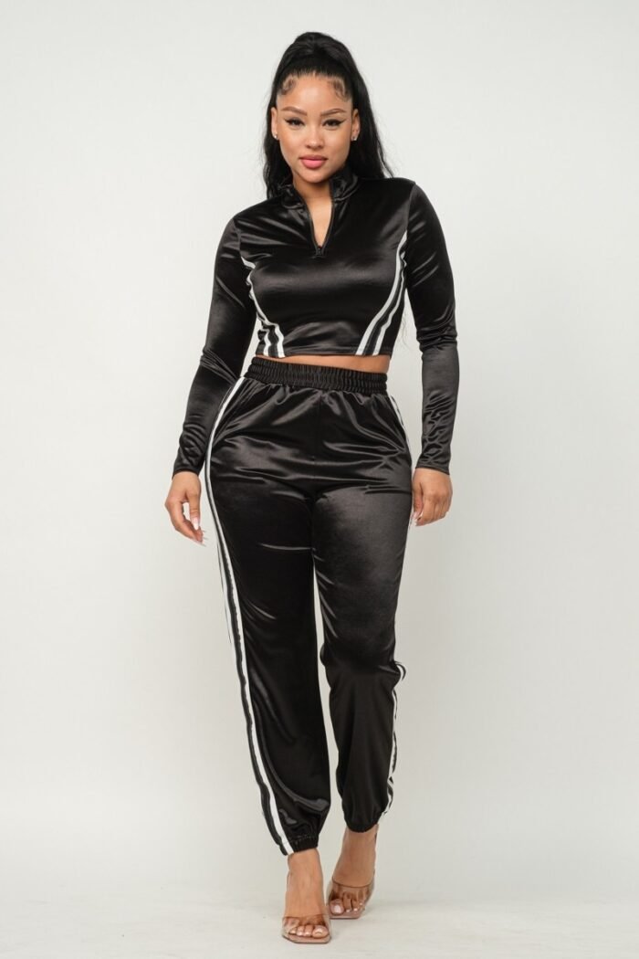 Front zip up stripes detail jacket and pants set