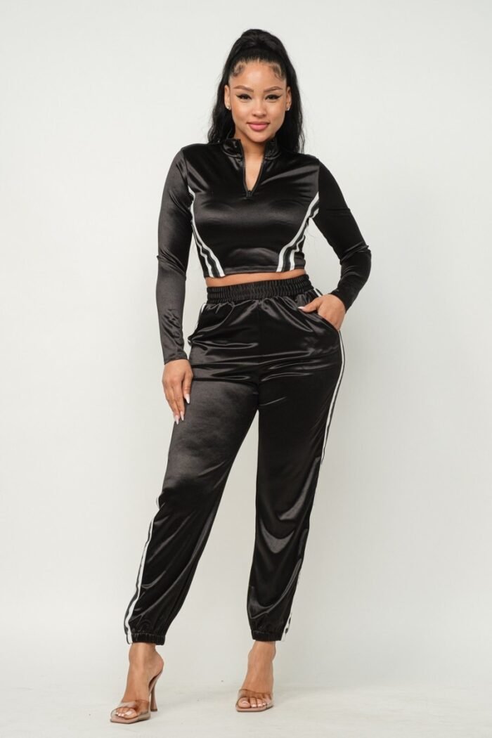 Front zip up stripes detail jacket and pants set