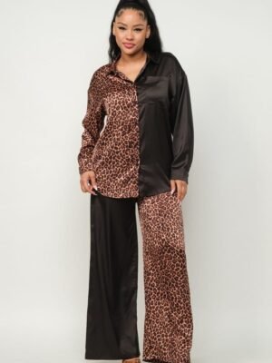 Half Animal Print And Half Solid Top And Pants Set