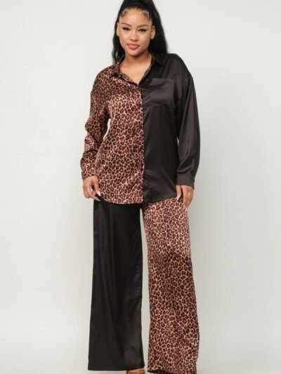 Half Animal Print And Half Solid Top And Pants Set