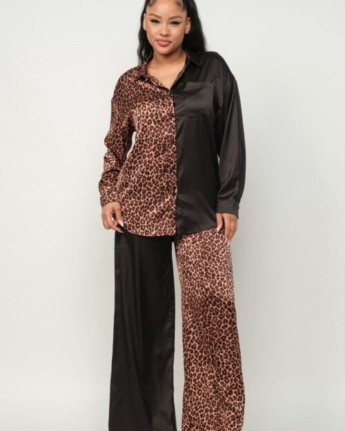 Half Animal Print And Half Solid Top And Pants Set