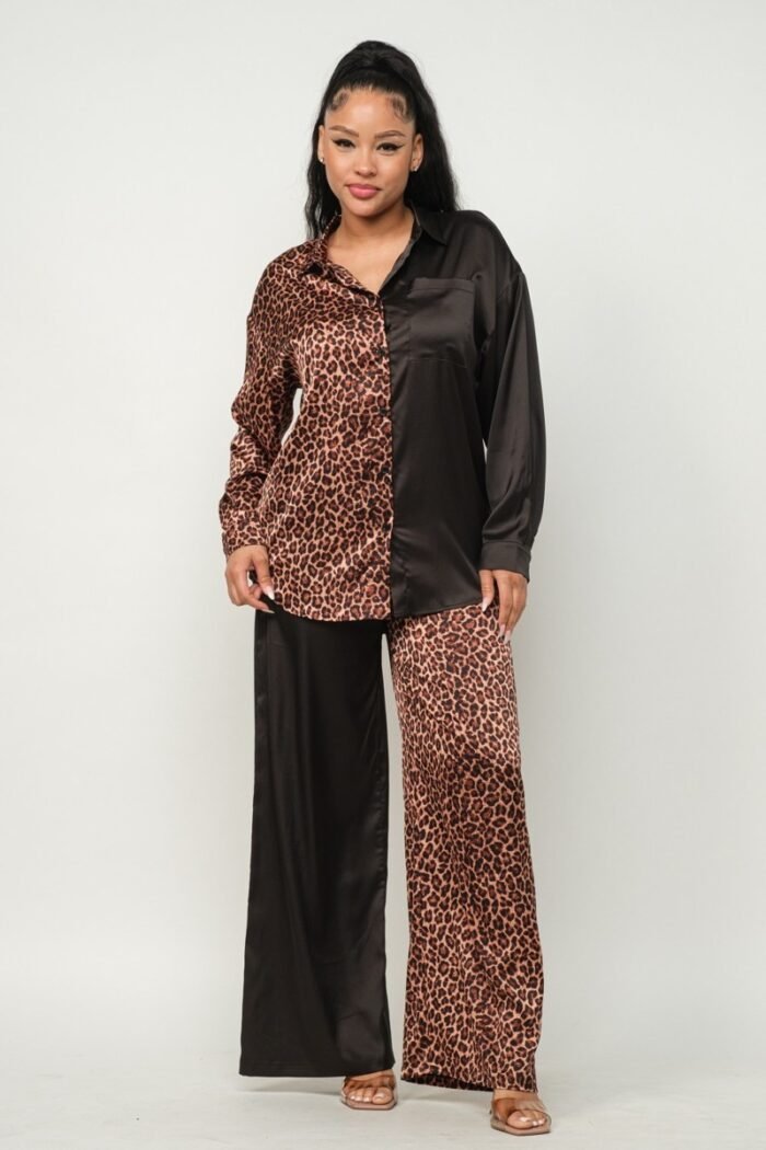 Half animal print and half solid top and pants set