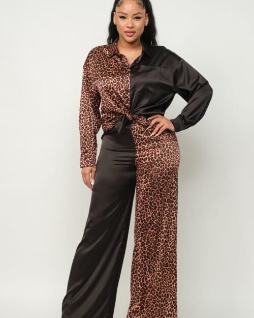half animal print and half solid top and pants set