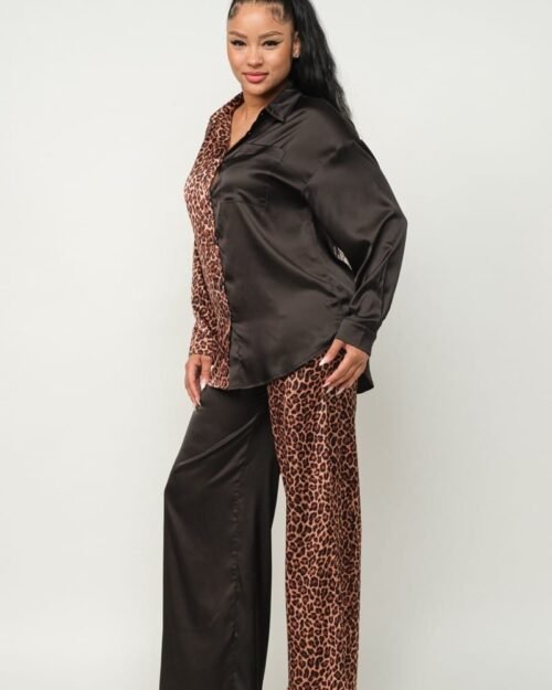 half animal print and half solid top and pants set
