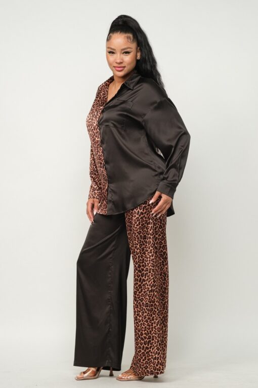 Half Animal Print And Half Solid Top And Pants Set - Image 4