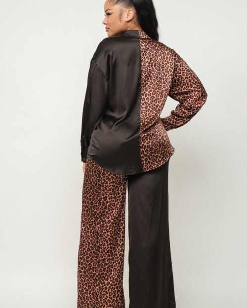 half animal print and half solid top and pants set