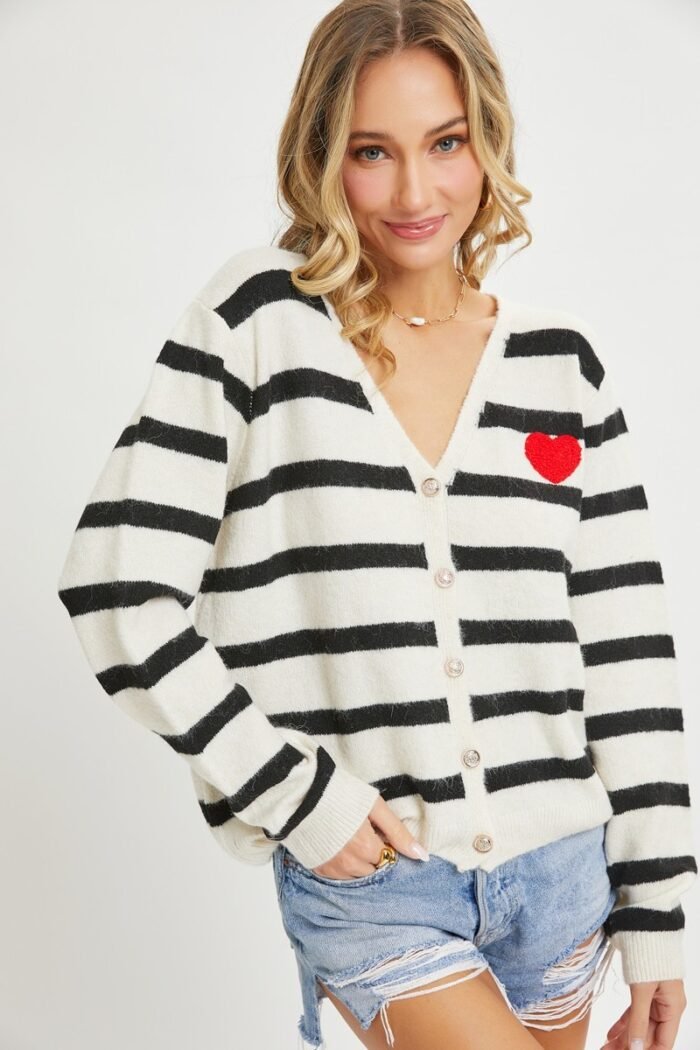 Striped cardigan with heart patch