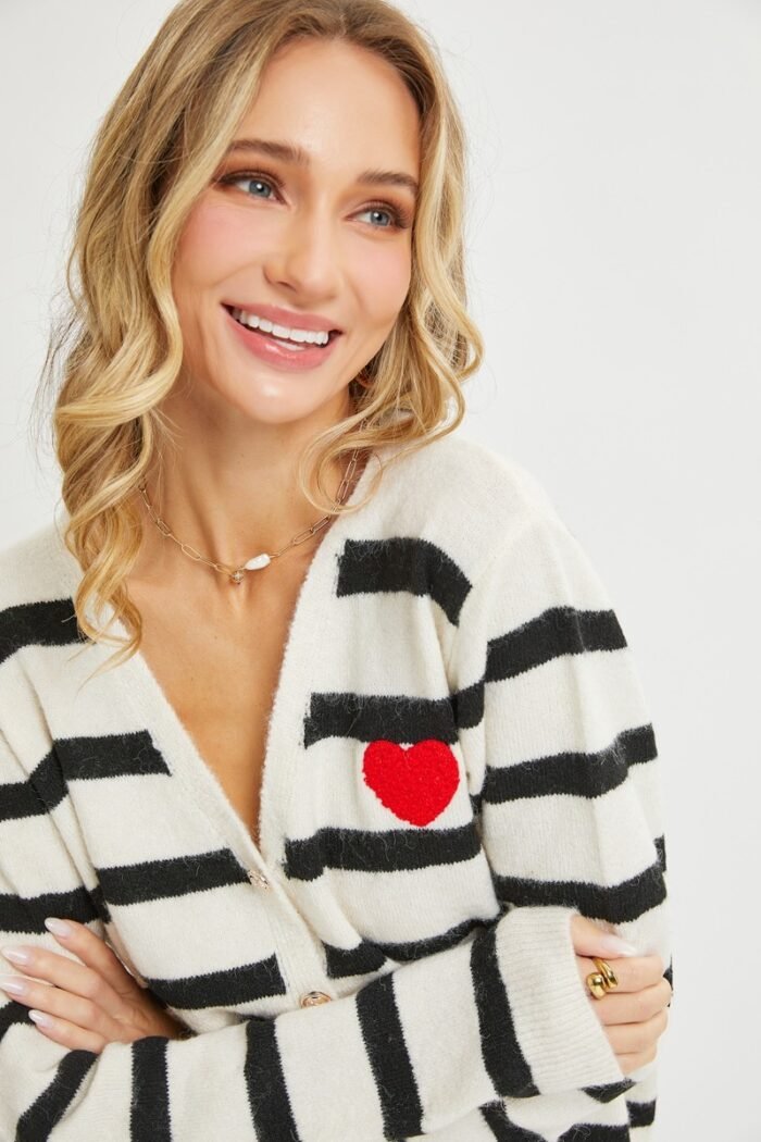 Striped cardigan with heart patch