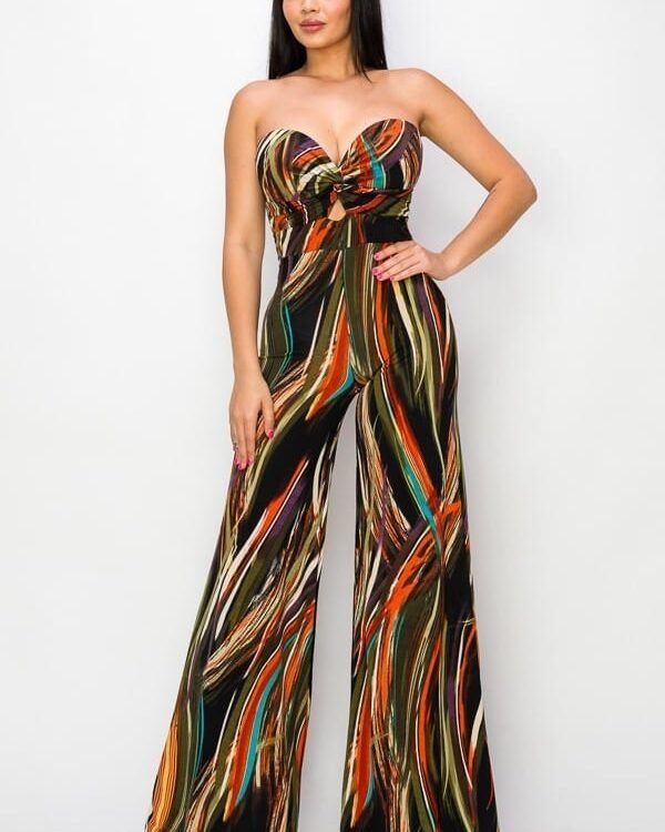 Allover Print Twist Front Wide Leg Jumpsuit
