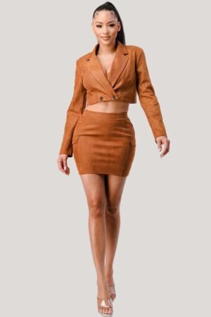 3-Piece Blazer Set – Cropped Jacket, Bralette & Mini Skirt Diagonal Bralette With Cropped Blazer Jacket & Mini Skirt 3pcs Sets