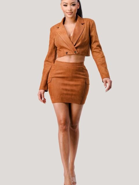 Diagonal Bralette With Cropped Blazer Jacket & Mini Skirt 3pcs Sets