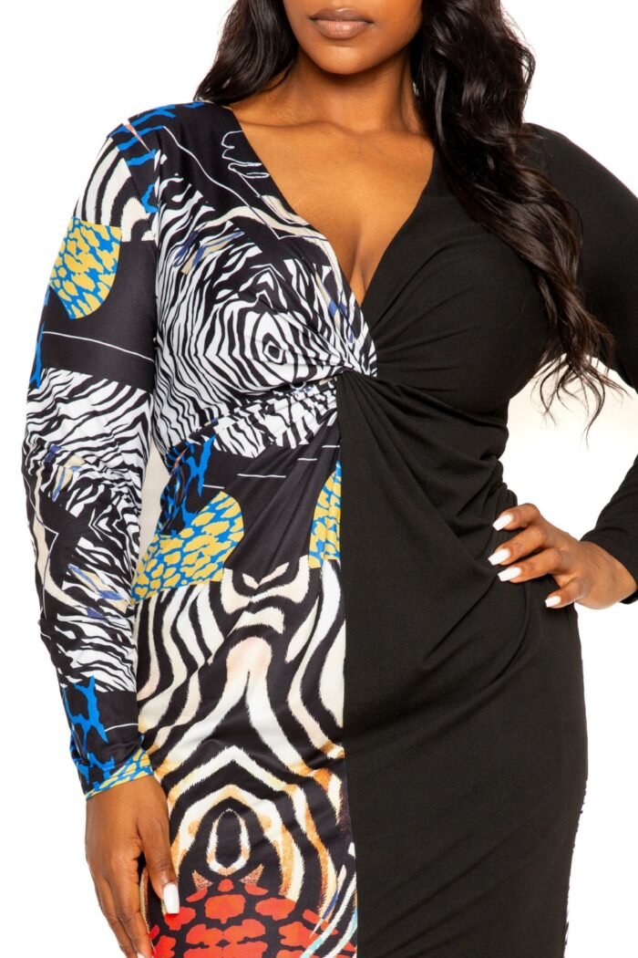 Animal print splice dress with high-low hem