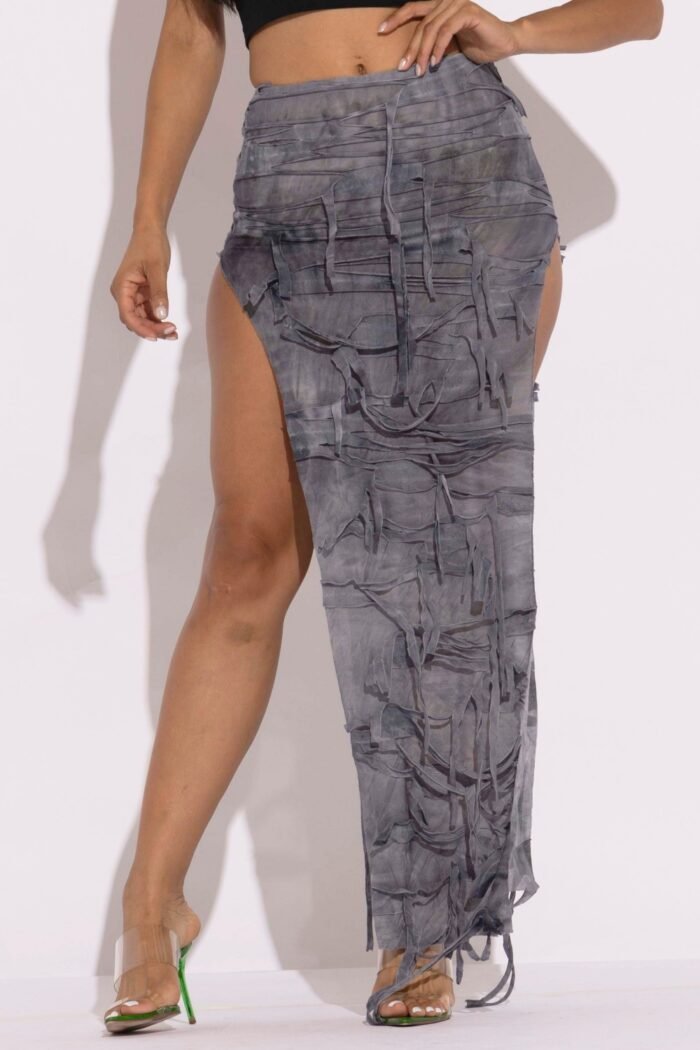 Distressed thigh slit maxi skirt