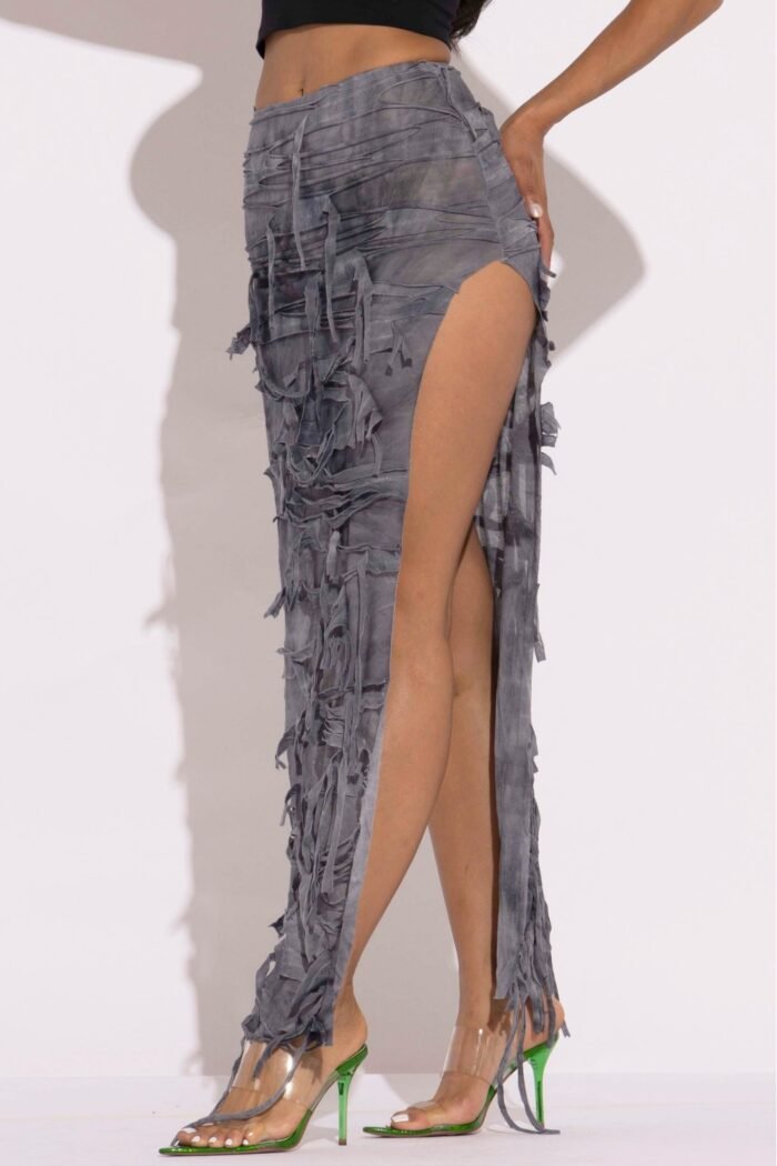 Distressed thigh slit maxi skirt