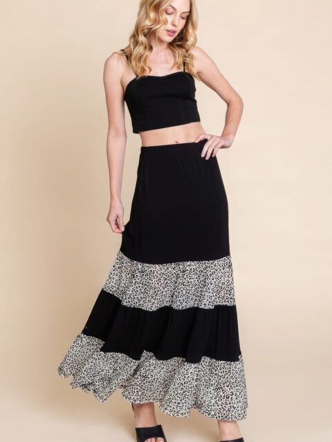 Long Tiered Contrast Fashion Skirt With Velvet Animal Print Mesh
