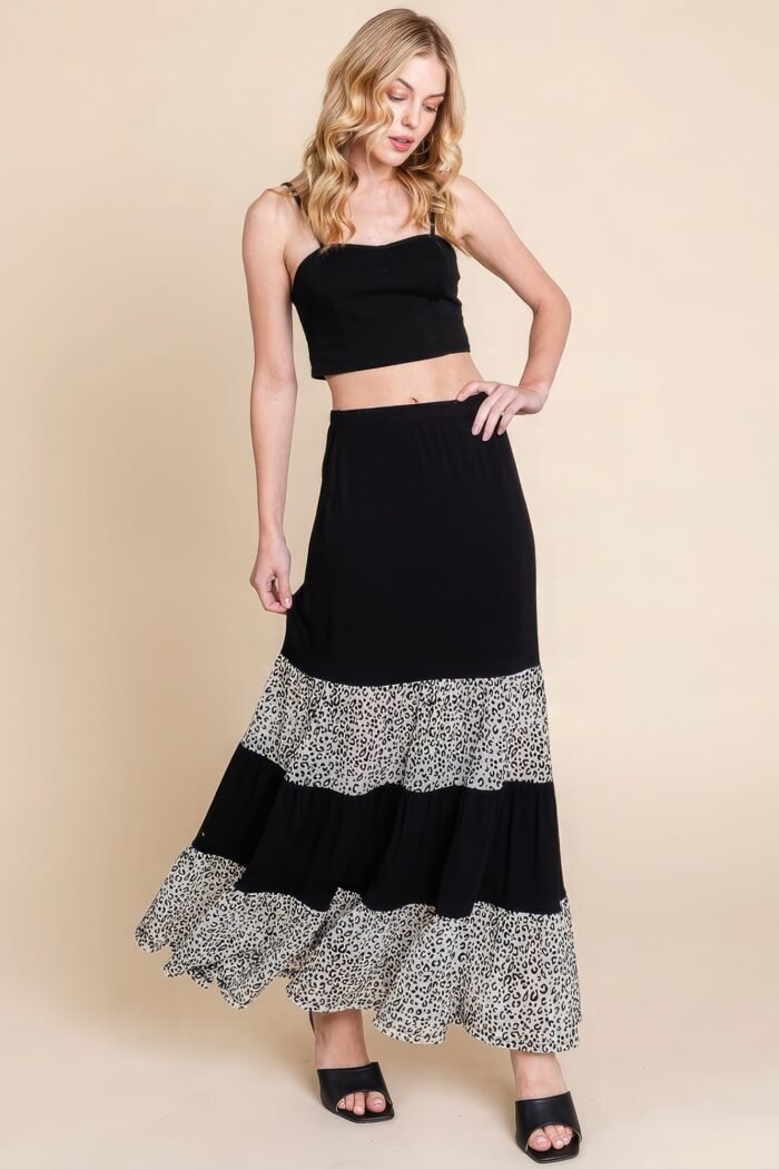 Long tiered contrast fashion skirt with velvet animal print mesh