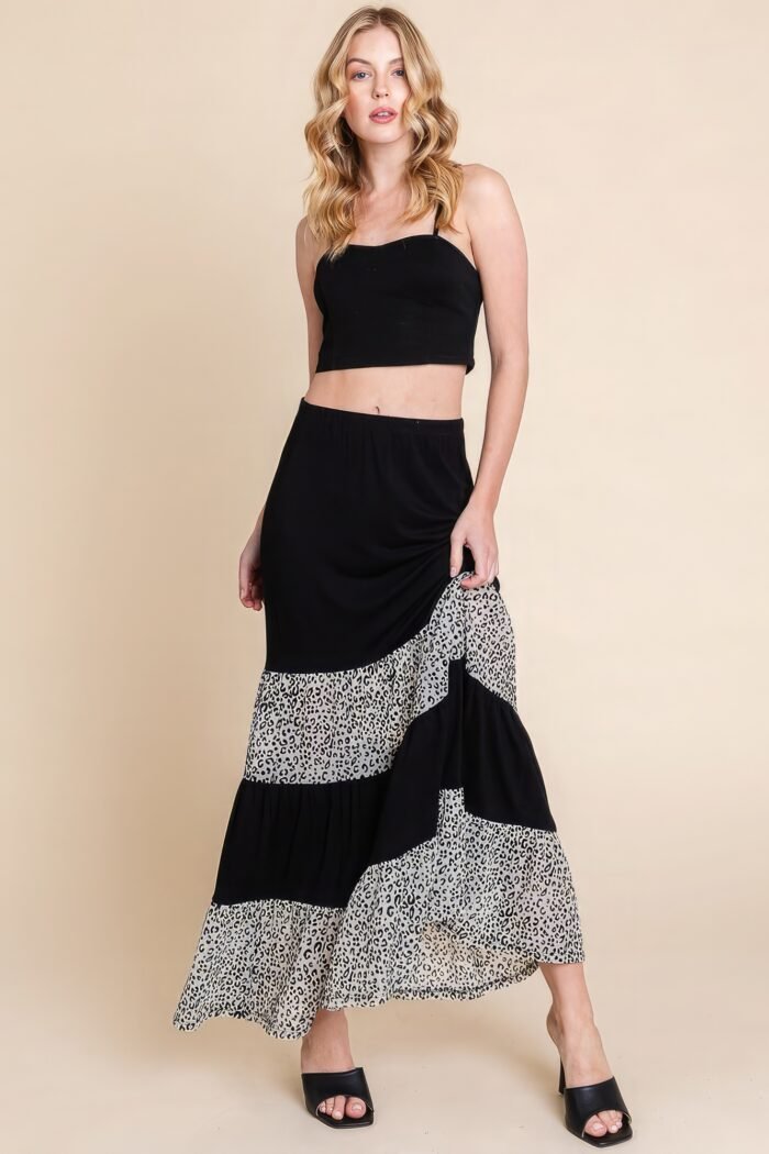 Long tiered contrast fashion skirt with velvet animal print mesh