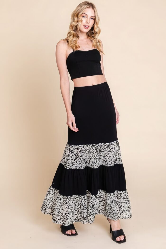 Long tiered contrast fashion skirt with velvet animal print mesh