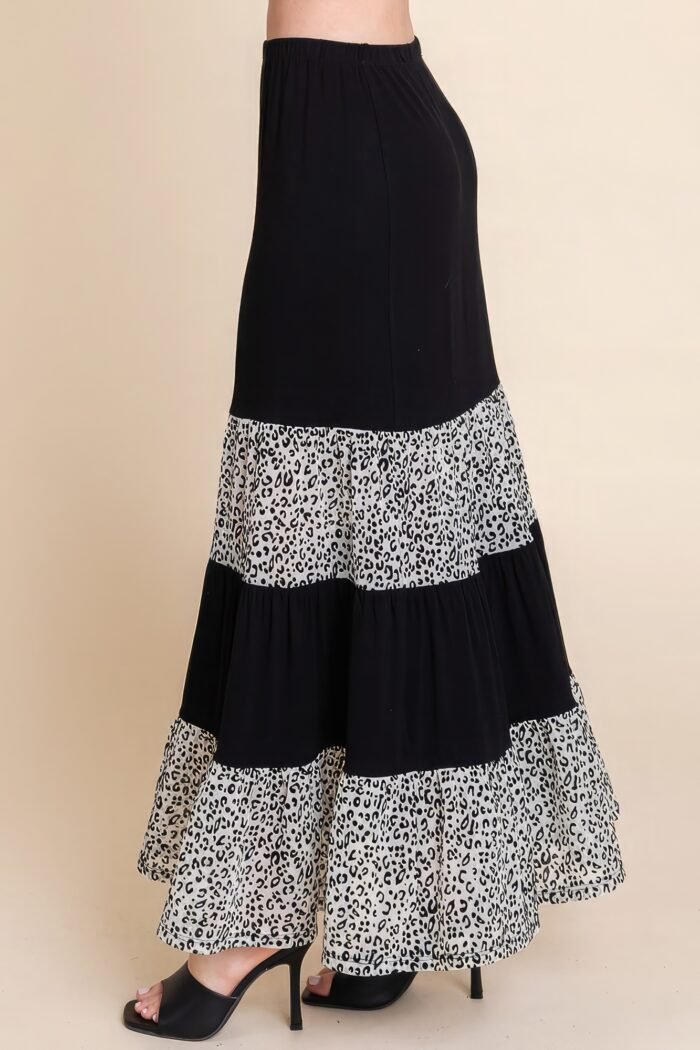 Long tiered contrast fashion skirt with velvet animal print mesh