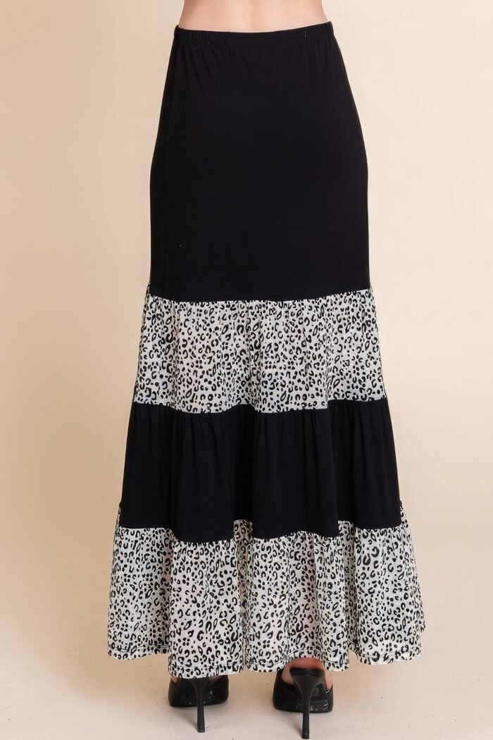 Long tiered contrast fashion skirt with velvet animal print mesh