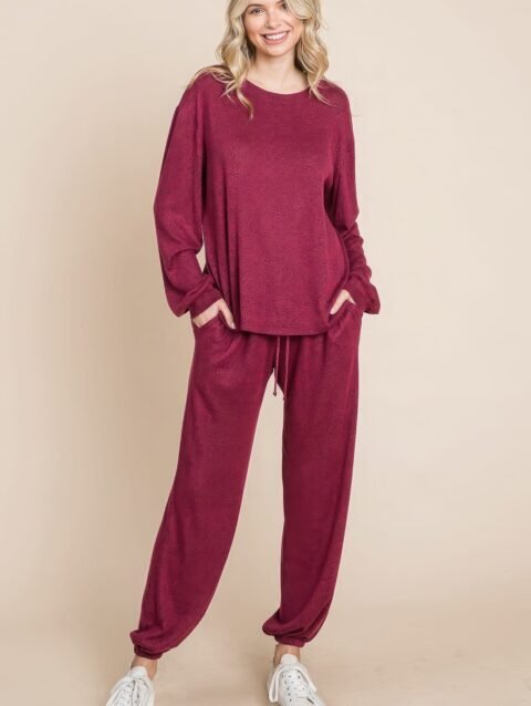 Two Tone Solid Warm And Soft Hacci Brush Loungewear Set