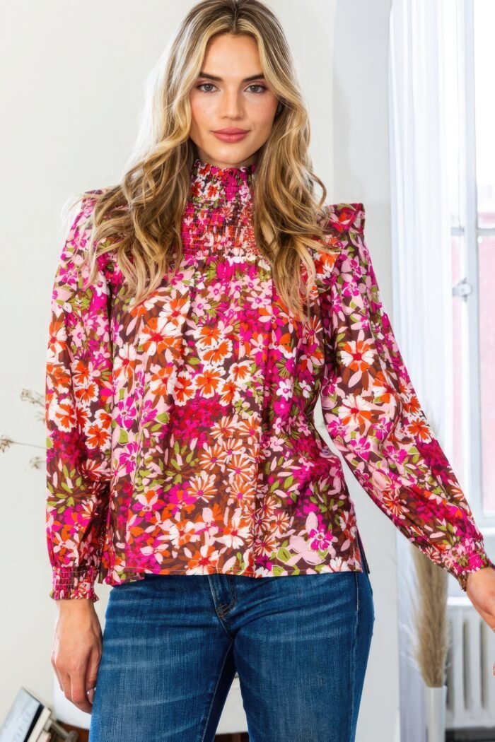 Floral mock neck smocked yoke blouse