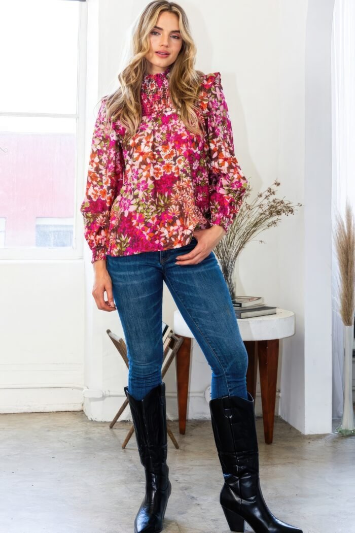 Floral mock neck smocked yoke blouse