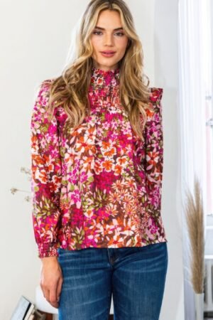 Floral Mock Neck Smocked Yoke Blouse Floral Mock Neck Smocked Yoke Blouse