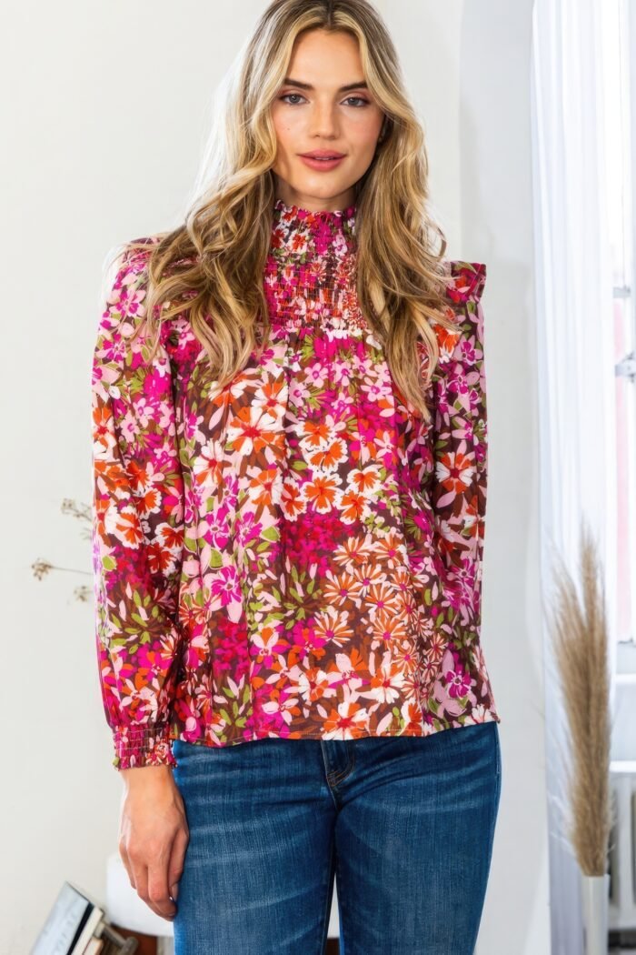 Floral mock neck smocked yoke blouse