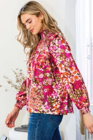 Floral Mock Neck Smocked Yoke Blouse Floral Mock Neck Smocked Yoke Blouse