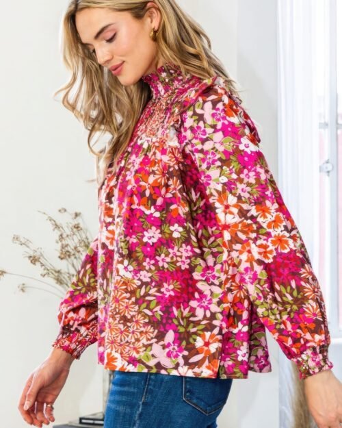 floral mock neck smocked yoke blouse