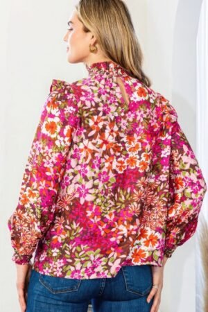 Floral Mock Neck Smocked Yoke Blouse Floral Mock Neck Smocked Yoke Blouse