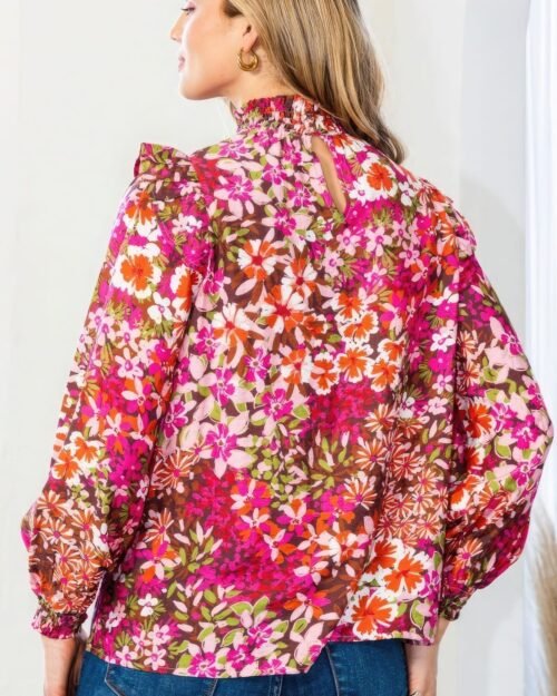 floral mock neck smocked yoke blouse