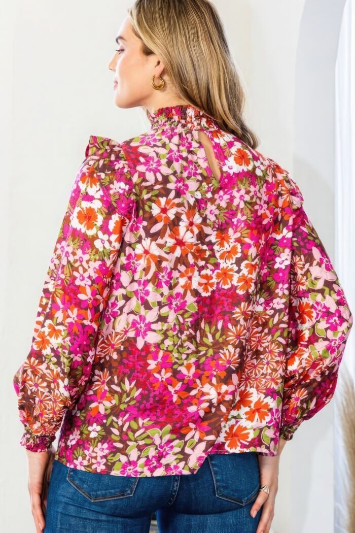 Floral mock neck smocked yoke blouse