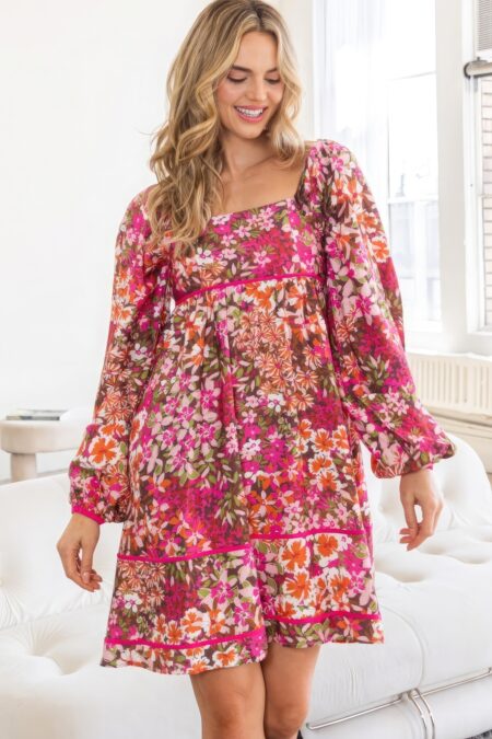 Floral Square Neckline Mini Dress Square Neckline Mini Dress rich Dark Pink hue dress charming rich Dark Pink floral pattern dress